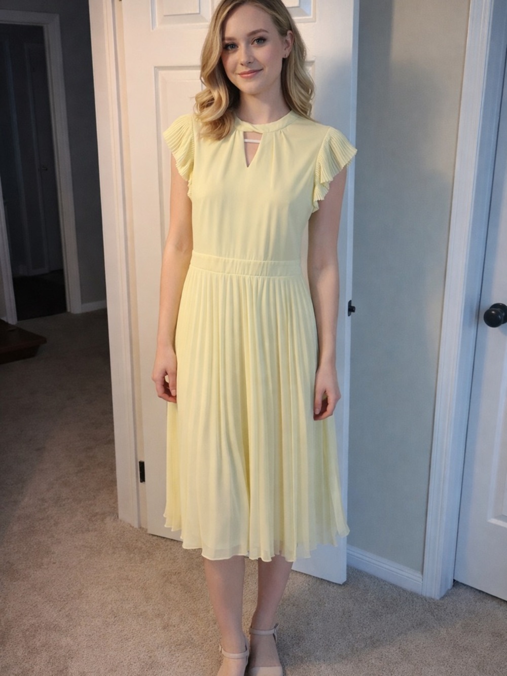 Pleated Midi Dress with Keyhole Detail in Soft Yellow pit to pit 20, waist 15”